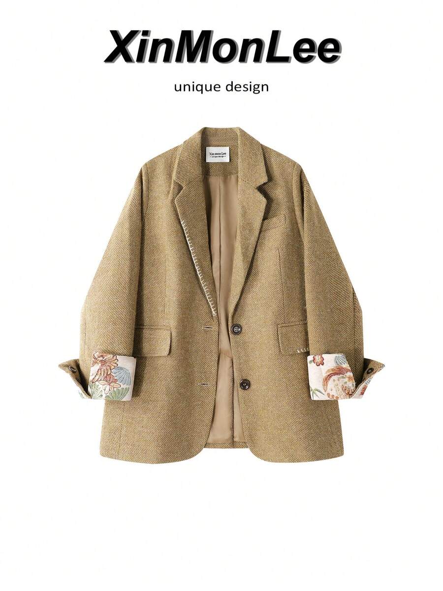 Vintage Khaki Premium Autumn/Winter Blazer Jacket With Buttons, Long Sleeve, Academic Office Daily Wear, Spring/Autumn - Khaki - View 1
