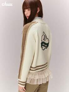 Áo cardigan len dệt kim thêu chữ và số CHUU, áo len nữ mùa đông phối màu tương phản, tay dài, khóa kéo - Màu be - Xem 5