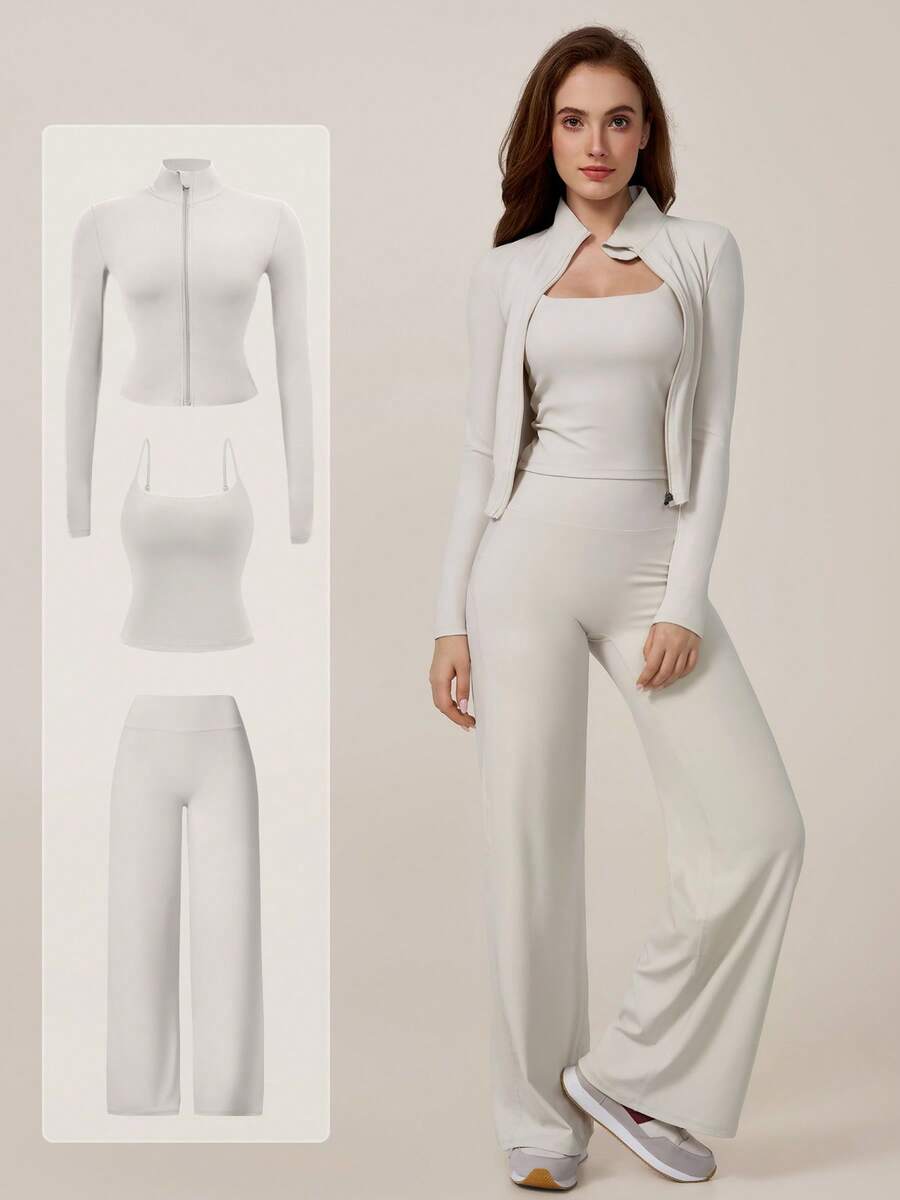 TimeOff Women's 3 Pieces Set Autumn/Winter Solid Color Small Stand Collar Zipper Jacket, Camisole Top, High Waist Wide Leg Pants - Apricot - View 1
