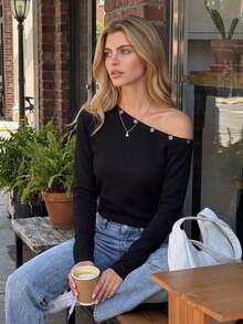 European And American Autumn/Winter Asymmetrical Shoulder Knit Top For Women, Diagonal Neckline Button-Up Fitted Black Long Sleeve Base Layer, Suitable For Office, Commute, Date, Afternoon Tea, Daily Wear, Atmospheric Design Women's Clothing - Black - View 1