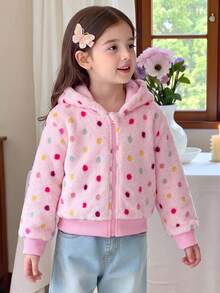 Girls Cute Embroidered Rainbow & Colorful Polka Dot Hooded Fleece Jacket, Children Autumn Winter Warm Thick Plush Zipper Coat - Pink - View 4