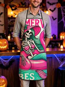 1pc/2pcs/4pcs New Linen Feel Halloween Skull Ghost Print Apron, Ghost Trick Or Treat Theme Apron, Lightweight Bib Apron For Halloween Party Dinner Cooking Costume - Multicolor - View 10