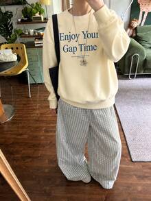 Cream Yellow Women's Korean INS Style Letter Print Pattern Round Neck Loose Casual Versatile Lazy Sweatshirt Pullover Top Autumn/Winter Campus Daily OOTD - Apricot - View 3