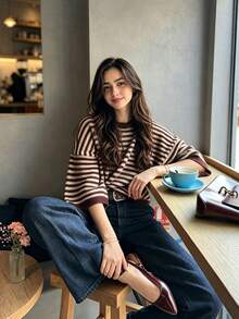 MORI Women's Autumn/Winter New Knit Top, Coffee And Apricot Striped Short Sleeve Crew Neck Pullover, Casual Style Fall - Coffee Brown - View 3