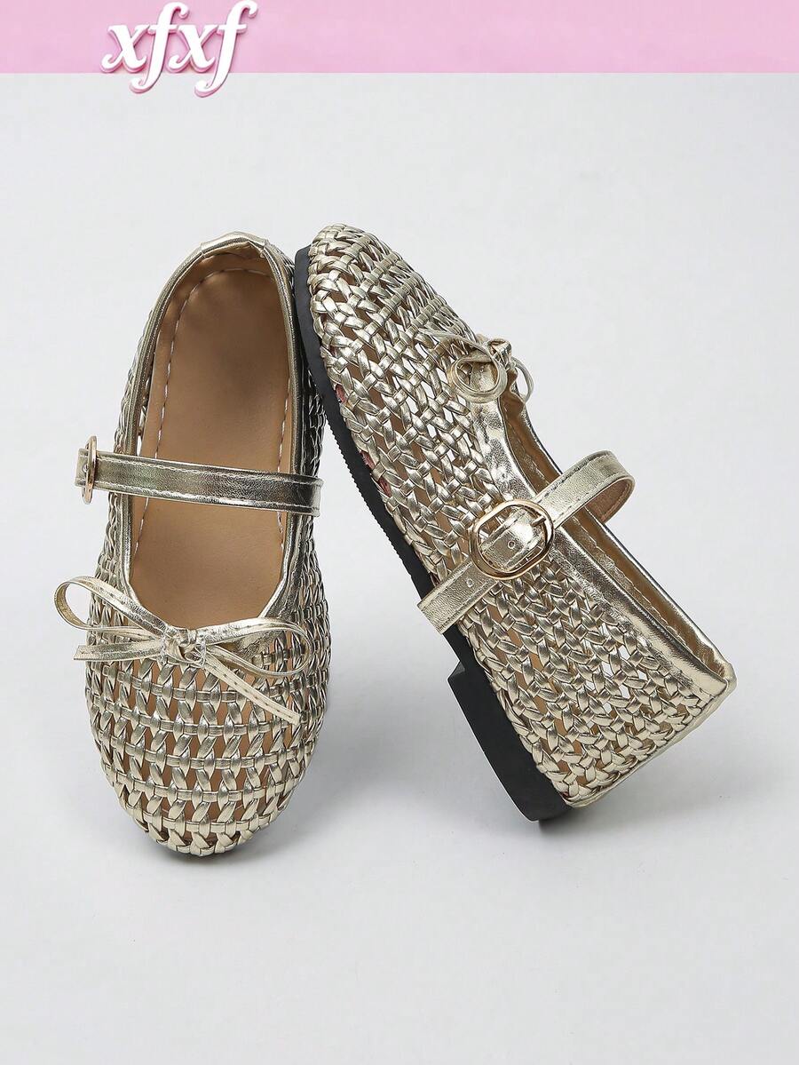 XfxfA Girls' Bow Flat Shoes With Adjustable Buckle And Perforated Breathable Design, Suitable For School/Daily Activities/Play - Gold - View 1