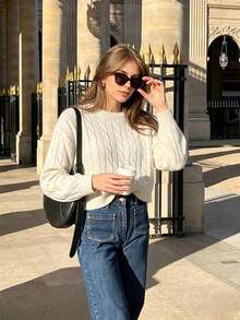 Women's White Cable Knit Short Sweater, Long Sleeve Round Neck Pullover, High Elastic Ribbed Hem, Autumn/Winter Fashion Top - White - View 1