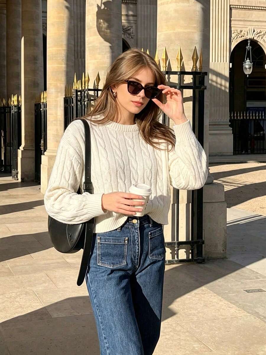 Women's White Cable Knit Short Sweater, Long Sleeve Round Neck Pullover, High Elastic Ribbed Hem, Autumn/Winter Fashion Top - White - View 1