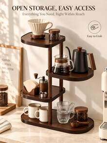 1pc Vintage Style 4-Tier Walnut Wood Storage Rack; Kitchen Coffee Cup Organizer; Living Room Glassware Storage Rack; Multi-Functional Countertop Storage Rack; Bathroom Cosmetics And Perfume Display Rack; Space-Saving Wine Glass And Mug Rack; Thickened, Sturdy, Durable Countertop Storage Solution - View 1