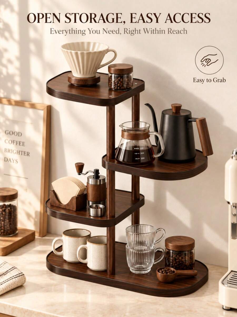 1pc Vintage Style 4-Tier Walnut Wood Storage Rack; Kitchen Coffee Cup Organizer; Living Room Glassware Storage Rack; Multi-Functional Countertop Storage Rack; Bathroom Cosmetics And Perfume Display Rack; Space-Saving Wine Glass And Mug Rack; Thickened, Sturdy, Durable Countertop Storage Solution - View 1
