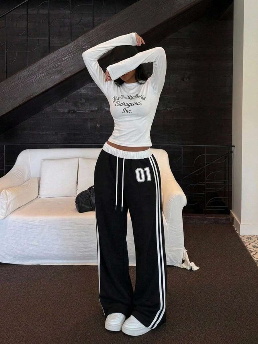 女款新款戶外休閒褲,數位印花腰帶拼接寬鬆休閒運動長褲,黑色 - 黑色 - 查看 1