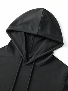 Men's Black Hooded Long Sleeve T-Shirt, Spring/Autumn, Chest Ace Of Spades Letter Print, Drawstring Hood Casual Top - Black - View 7
