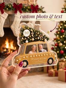 1pc Custom Photo & Text Vintage Car Christmas Acrylic Plaque, 50th Golden Wedding Anniversary Couple Desktop Ornament, Christmas Style Personalized Keepsake Gift For Parents Couple,Christmas Gift,Christmas Tree Element,Winter Holiday Table Decor - Multicolor - View 1