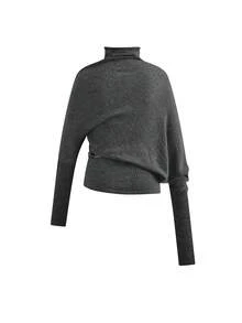 Asymmetrical Design Batwing Sleeve Knit Pullover Sweater Long Sleeve Top (Includes Belt) - Grey - View 7