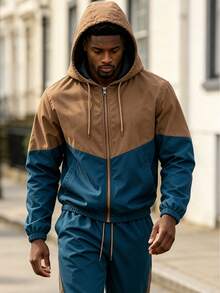 Men's Spring And Autumn Color-Block Hooded Jacket And Sports Set, Suitable For Street Wear, Sports Running, Camping, And Cycling, Twopiece Set - Navy Blue - View 3