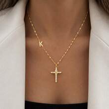 1pc New Classic Initial Cross Pendant Gold Color Stainless Steel Lip Chain Necklaces For Women - Yellow Gold - View 1