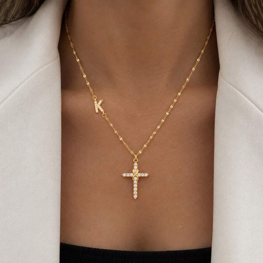 1pc New Classic Initial Cross Pendant Gold Color Stainless Steel Lip Chain Necklaces For Women - Yellow Gold - View 1
