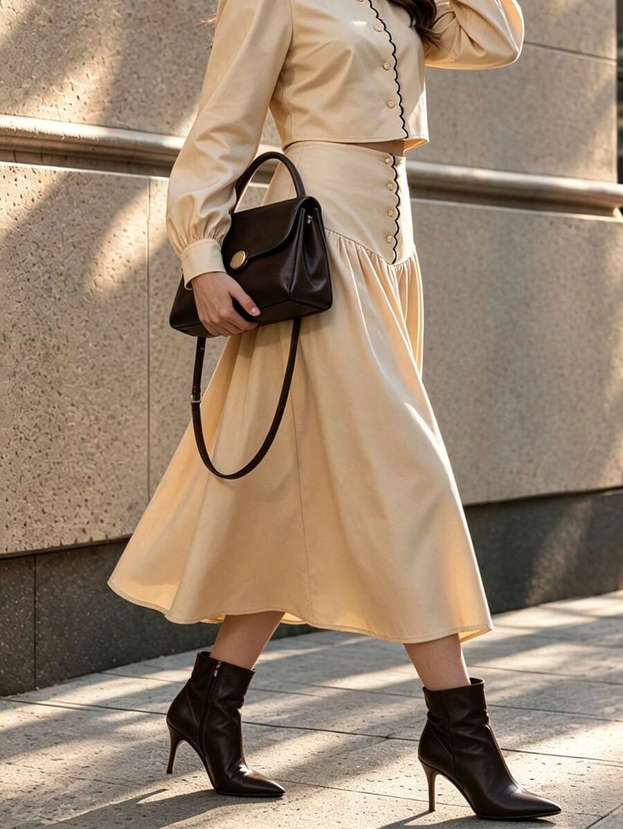 Fall Apricot High Waist Midi Skirt Women, Contrast Wavy Trim Button Detail Paneled A Line Flared Skirt - Apricot - View 1