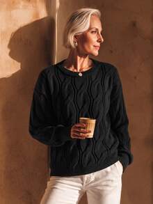 NZZOF Women's Round Neck Casual Knit Sweater, Long Sleeve Fitted Solid Color Autumn/Winter Pullover Top - Black - View 4