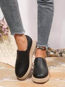 Women's Faux Rope Wedge Platform Round Toe Slip-On Loafers, Comfortable Daily Commute Home Shoes - Black - View 3