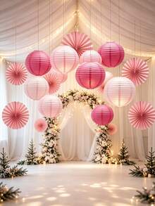 9pcs/Set Elegant Pink Paper Lanterns, Includes 9 Lanterns And 9 Stands, Round Handmade Foldable Decorations, Suitable For Weddings, Birthdays, Anniversaries, New Year Celebrations, Christmas Decor And Halloween Decor - As Shown - View 9