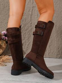 Women's Round Toe Elastic High Shaft Slim Fit Boots, V-Cut Flat High Shaft Boots, Versatile For Autumn/Winter, Suitable For Daily Commute - Coffee Brown - View 6