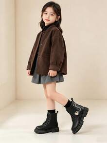 Botas infantiles de otoño nuevo estilo botas para niñas botas para niños medianos-grandes con cremallera lateral suela gruesa con cordones botas de motocicleta para niños antideslizantes estilo británico vintage botas de tobillo botas de media pantorrilla - Negro - Ver 3