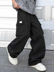 1pc Tween Boys' Solid Color Casual Versatile Straight Leg Cargo Pants, Suitable For Commuting, School, Daily Casual, Travel, Sports, Spring/Summer/Autumn/Winter - Black - View 1