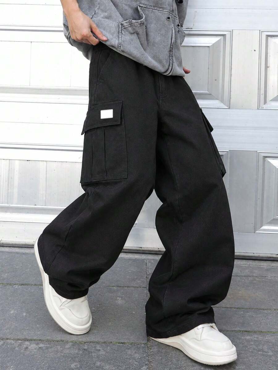 1pc Tween Boys' Solid Color Casual Versatile Straight Leg Cargo Pants, Suitable For Commuting, School, Daily Casual, Travel, Sports, Spring/Summer/Autumn/Winter - Black - View 1