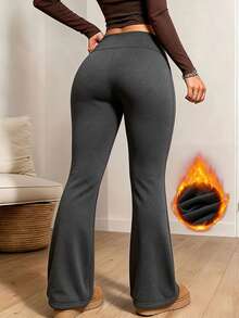 Women's High Waist Thermal Lined Soft Casual Pants, Winter Thermal Lined Warm Flared Pants, High Elasticity Slim Fit Butt Lifting Slimming Wide Leg Pants, Autumn/Winter Home Casual Long Pants, Outdoor Walking Fitness Sports Commute Versatile Warm Pants, Women's Winter Clothing, Thickened Pants, Women's Warm Pants, Women's Long Pants - Grey - View 4