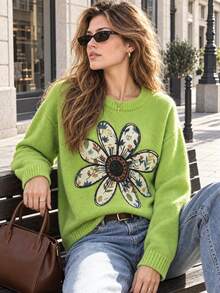 Women's Green Ribbed Knit Polyester Long Sleeve Pullover Sweater, Bright Floral Pattern, Suitable For Autumn/Winter Casual Daily Wear - Green - View 1