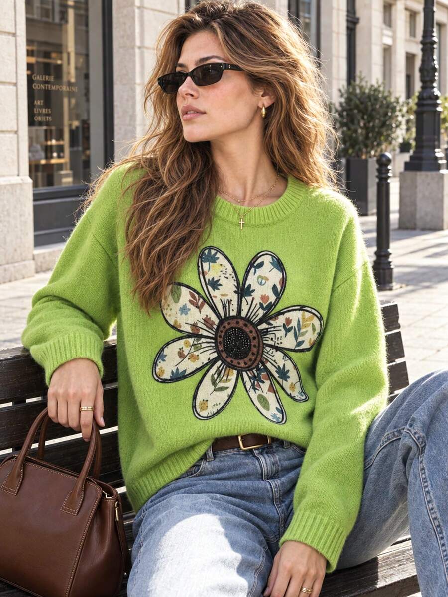 Women's Green Ribbed Knit Polyester Long Sleeve Pullover Sweater, Bright Floral Pattern, Suitable For Autumn/Winter Casual Daily Wear - Green - View 1