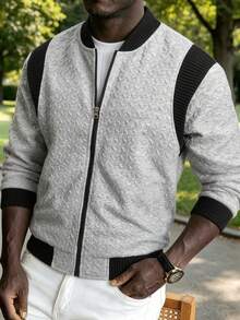 Men's Spring/Autumn Textured Jacquard Long Sleeve Sweatshirt With Colorblock Baseball Collar Casual Versatile Sweatshirt - Grey - View 1