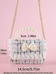 1pc Mini Kids Beaded Handbag With Pearl Trim And Bow Decor, Striped PU Material, Flap Closure, Fashionable One Shoulder Crossbody Bag, Casual Snack Coin Purse For Girls, Suitable For Holidays And Daily Use - White - View 2