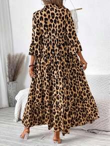 Plus Size Women's Leopard Print Long Dress, Fashion Layered Ruffle Hem Loose Dress With 3/4 Sleeves And Notch Neck - Mocha Brown - View 3
