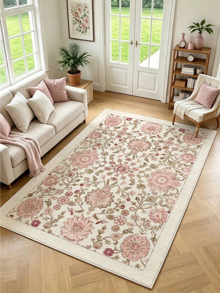 1pc Pink Floral Print Living Room Rug, Suitable For Kitchen, Dining Room, Bedroom, Room Holiday Decor, Indoor/Outdoor, Office, Lobby, Non-Slip Doormat, Bathroom Rug, Hallway, Study, Gaming Area
