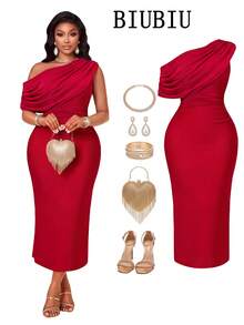 BIUBIU Women's Plus Size Red One Shoulder Long Knitted Dress, Sleeveless Asymmetrical Neck Bodycon Tunic For Party & Date Night Outfits - Burgundy - View 1