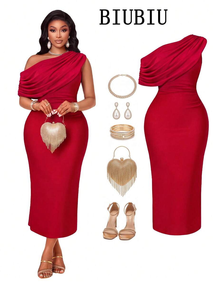 BIUBIU Women's Plus Size Red One Shoulder Long Knitted Dress, Sleeveless Asymmetrical Neck Bodycon Tunic For Party & Date Night Outfits - Burgundy - View 1
