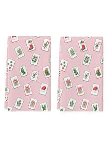 2 Pcs Snowflake Christmas Tree Mahjong Card Green Leaf Print Microfiber Rectangular Quick Dry Kitchen Towels For Christmas Winter Home Decor - Pink - View 7