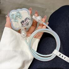 5pcs/Set 20W TPU Wavy Edge Transparent Soft Shell Pearl Bow Heart Design Laser Gradient Color Data Cable Protective Sleeve For UK Plug - Cream Glue Love Bow - View 7
