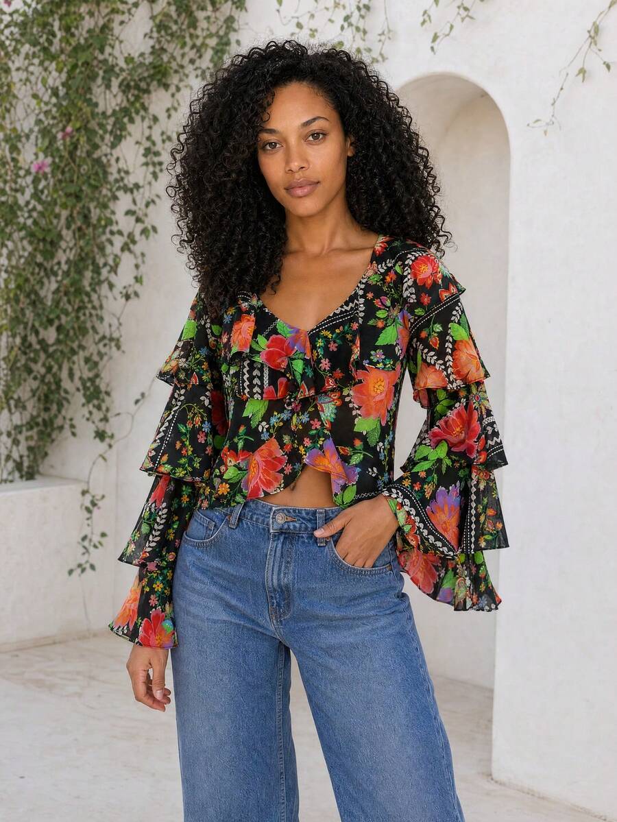 Dancing Leopard Áo blouse bèo nhún hoa đen dáng rộng, phong cách boho resort - Nhiều màu - Xem 1