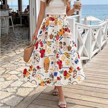Plus Size Women's Fresh Fruit Print Skirt, High Waist Ruched Flare Skirt, Casual Vacation Style, Suitable For Spring And Summer - Multicolor - View 2
