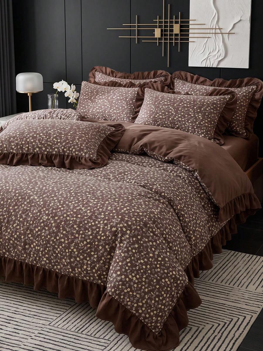 2/3pcs Ruffle Duvet Cover Set, Vintage Brown Floral Print, Comfortable Bedroom Decor, Skin-Friendly Breathable, Ultra Soft Anti-Pilling, No Comforter Included, Suitable For Twin/Full/Queen/King Bed, All Season, Machine Washable, Back To School