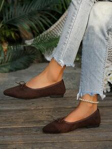 Women's Vintage Bow Pointed Toe Flat Shoes, Shallow Vamp Slip-On Commuter Versatile Shoes - Chocolate Brown - View 2