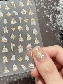 1 Sheet Christmas Nail Stickers, Gold Foil Cute Cartoon Christmas House Design, Popular Self-Adhesive Nail Art Decorations - Multicolor - View 2