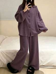 2pcs Women Sleepwear Set, Turndown Collar Cardigan Shirt, Floral Print Fashionable Minimalist 3/4 Pants, Suitable For Home & Leisure, All Seasons - Purple - View 9
