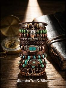 Unisex Western Bohemian Style Multi-Layer Leather And Wooden Bead Bracelet Set, Decorated With Bull Skull Pendant, Vintage Style, Stackable, Suitable For Wrist Wear - Bracelet - View 4
