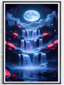 1pc Diamond Painting Kit, Dreamy Luminous Landscape Waterfall Diamond Art, Moonlit Fantasy Floral Scenery Handmade Rhinestone Decor Painting, Living Room Bedroom Atmosphere Luxury Wall Art - round diamond - View 2