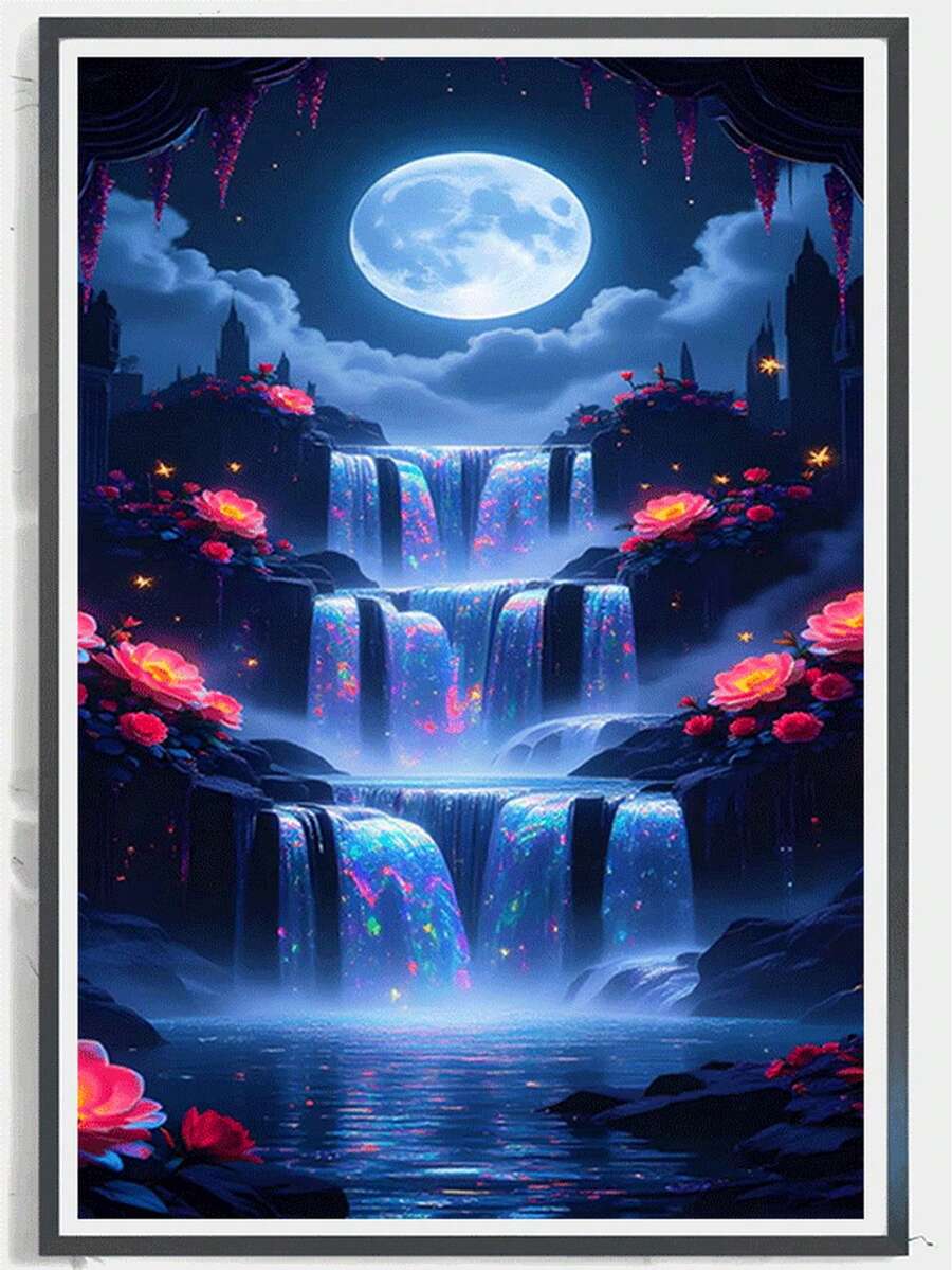 1pc Diamond Painting Kit, Dreamy Luminous Landscape Waterfall Diamond Art, Moonlit Fantasy Floral Scenery Handmade Rhinestone Decor Painting, Living Room Bedroom Atmosphere Luxury Wall Art
