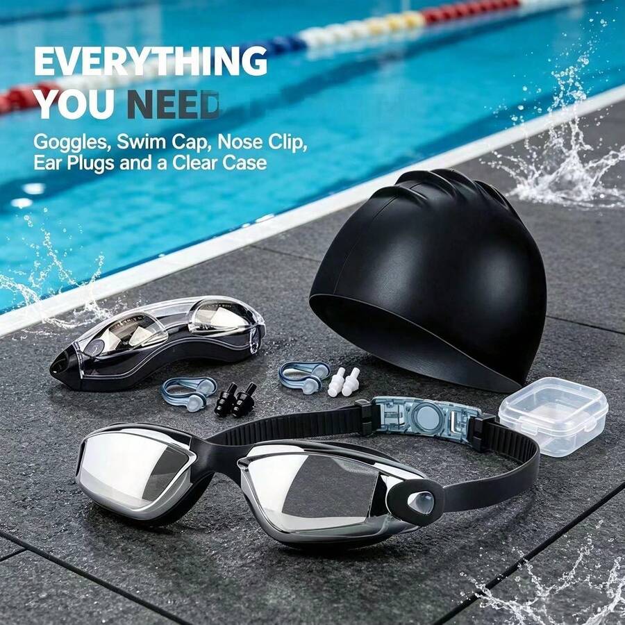 Adult Swim Goggles And Swim Cap Set, High Definition Anti-Fog Electroplated Swimming Goggles For Men And Women, Nose Clip And Earplugs Set - Multicolor - View 1