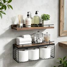 Bathroom Decor Art Floating Shelf, Modern Black | Bathroom Storage Rack And Shelf, Toilet Wall Shelf With Metal Railing - View 1